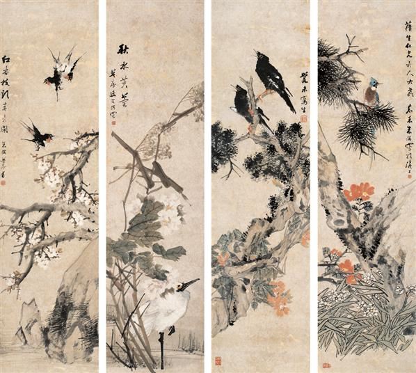 花鸟 四屏 设色纸本-朱偁-扇画·古代书画专场-2006夏季书画艺术品