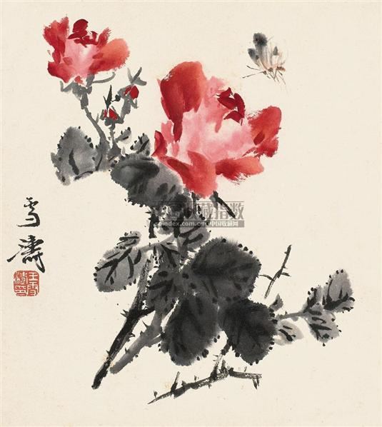 蝴蝶月季 镜心 设色纸本-王雪涛-中国书画二·名家小品及书法专场