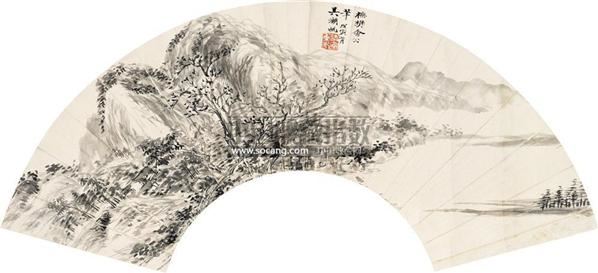 吴湖帆 山水扇面 扇片 水墨纸本