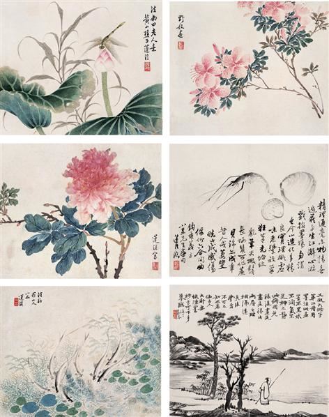 莲溪 山水 花鸟人物合册 册页(十开选六 设色纸本-莲溪-中国书画(二