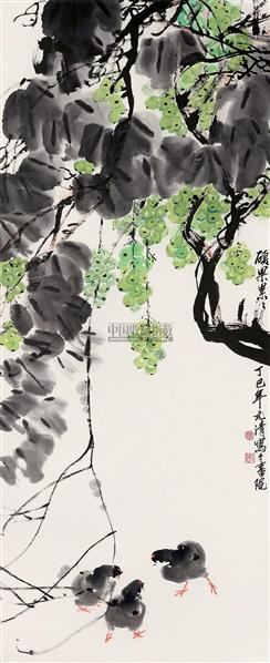 徐元清 葡萄小鸡图 立轴 设色纸本
