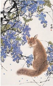 方楚雄紫藤狐狸镜心设色纸本
