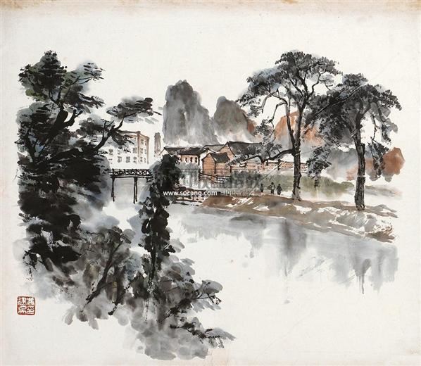 冯建吴 山村小景 镜片 纸本