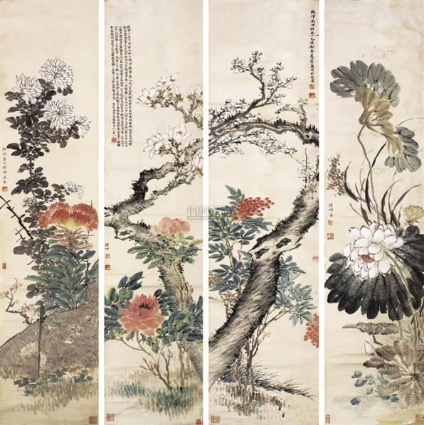 陆抑非花鸟四屏