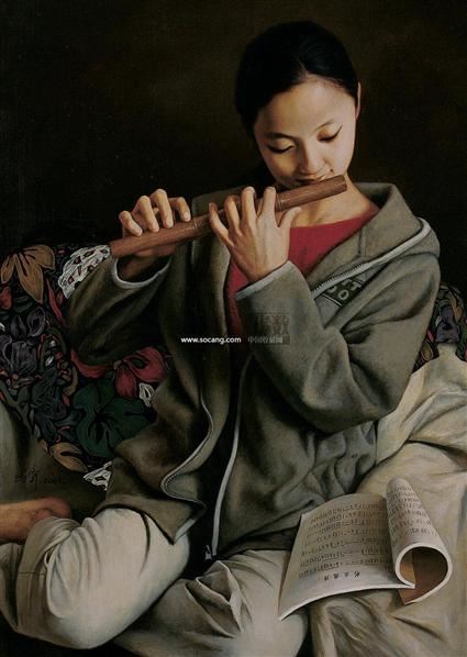 吹笛的女孩 布面油彩 153194 翡翠 紫砂壶 中国当代油画 2008
