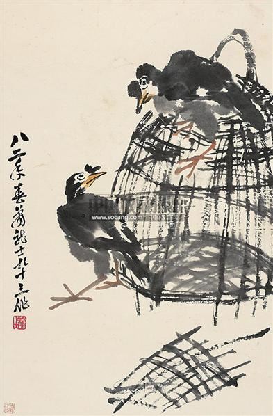 八哥 镜心 设色纸本-萧龙士-近现代书画-2011南京经典