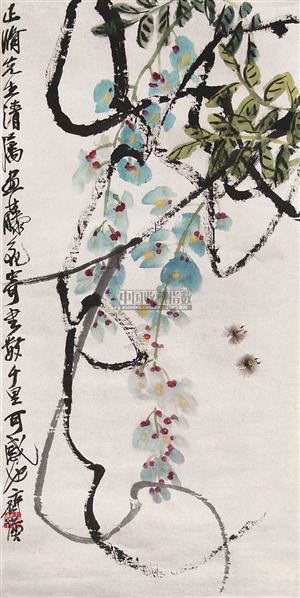 齐白石 紫藤双蜂 立轴 设色纸本