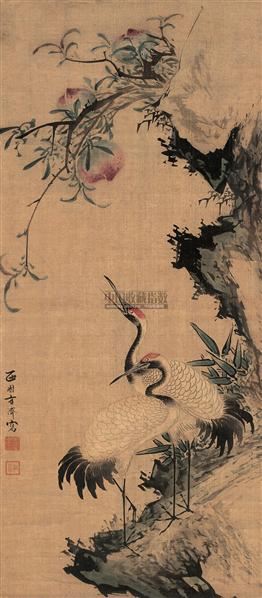 方济 蟠桃双鹤图 立轴 设色绢本
