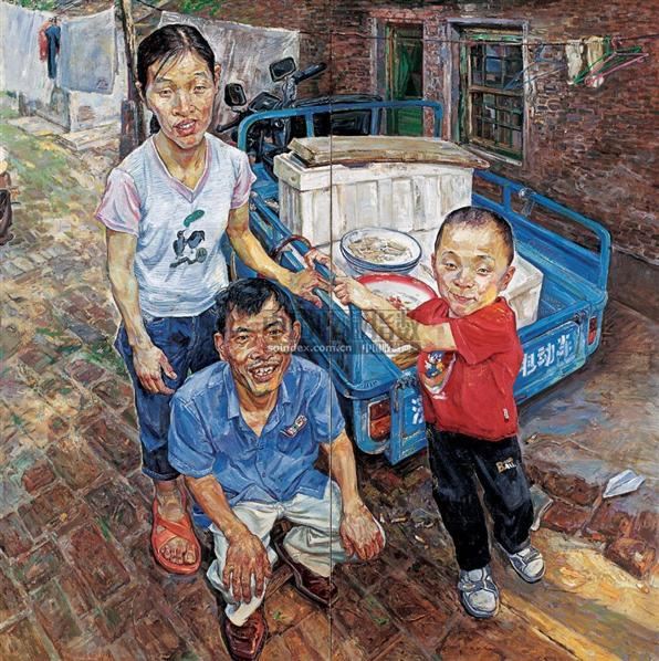 邻居老朱一家人布面油画