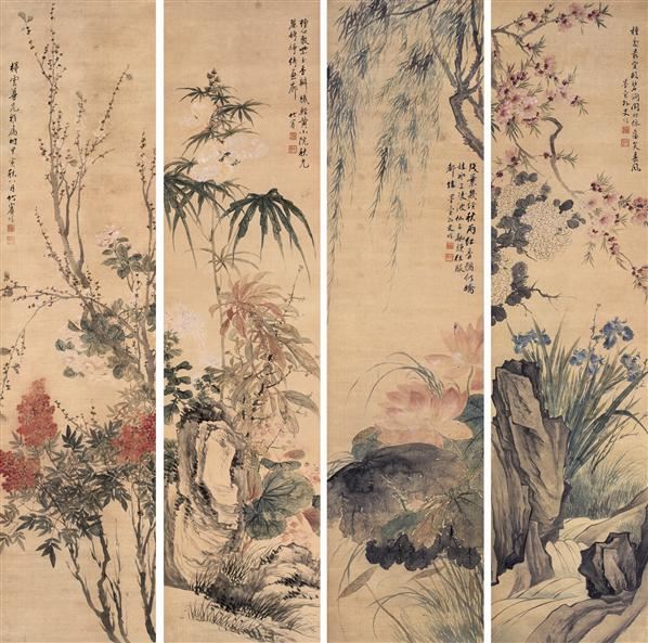 沈焯四时花卉四件屏轴设色绢本