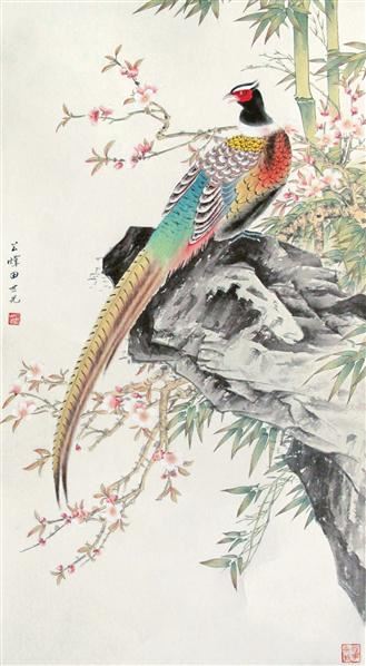 田世光 桃花锦鸡 镜片 设色纸本