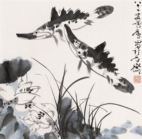 许麟庐 荷花鳜鱼 镜心 设色纸本