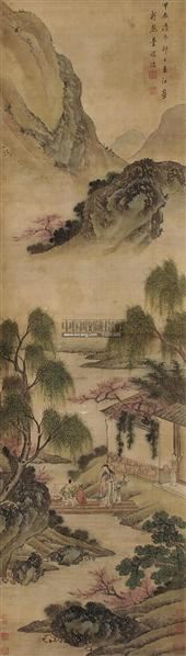 袁江山水人物立轴设色绢本
