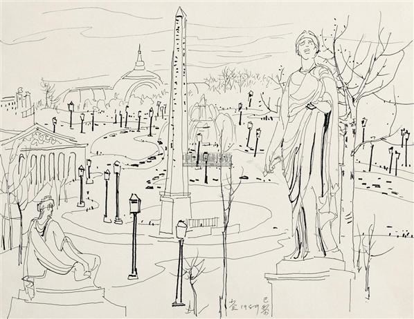 签名:荼 1989 展览:2011年9月 艺术北京 风筝不断线缅怀吴冠中先生经典作品收藏大展 北京农展馆《协和广场》:速写中的理念沉淀文/丁亚雷1989年春天,吴冠中以70高龄重访巴黎,重新创作了一批以中国人眼光和感受描绘法国文化风情的作品,体现了大师在自己的艺术上达到的纯青的境界。如果说中国是吴冠中艺术成长的沃土,那法国巴黎便是为他的艺术航程指点迷津的灯塔。吴冠中曾站在巴黎铁塔上看到万家灯火,悟出了绘画空间深度的退隐和平面的结构的兴起预示了传统写实与现代表现的分道扬镳,在西方求学之路上他取到了一本真