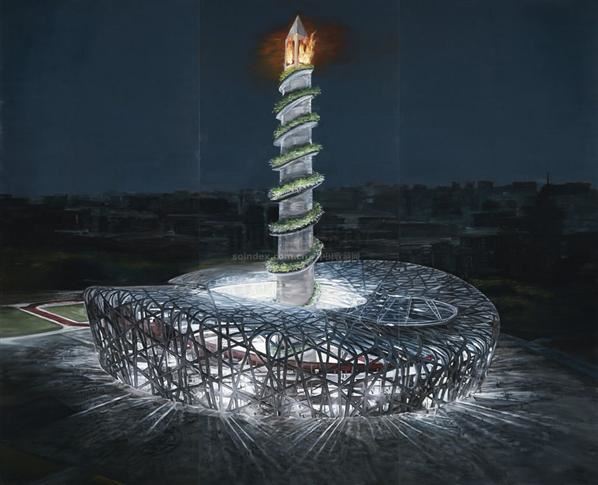 李青 北京奥运会钉子形主火炬设计效果图 布面