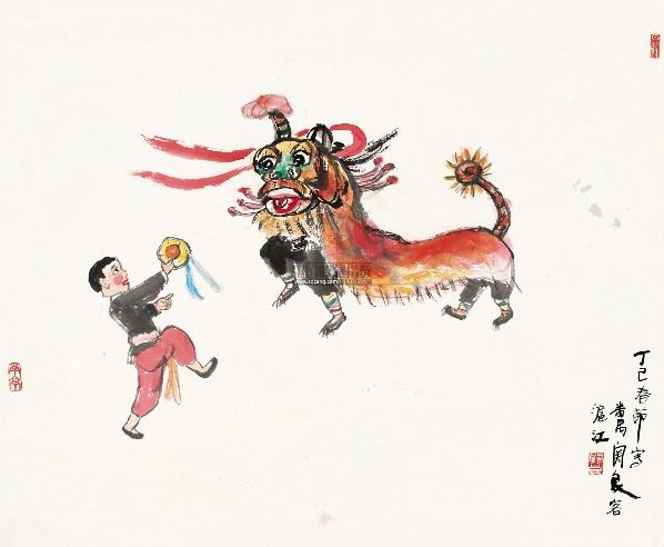 关良舞狮立轴设色纸本