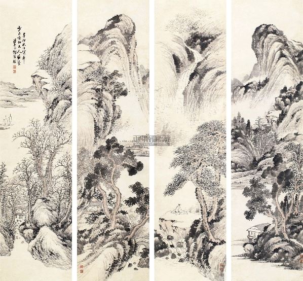 何维朴 山水 四条屏立轴 设色纸本
