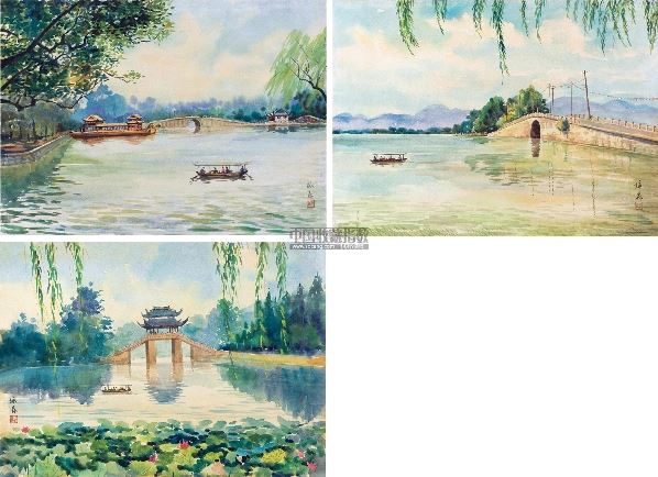 李咏森 西湖风景之三 (三幅) 水彩 纸本
