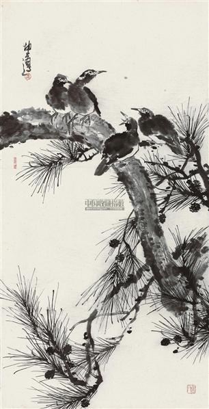 卢坤峰 松枝栖禽 镜心 水墨纸本