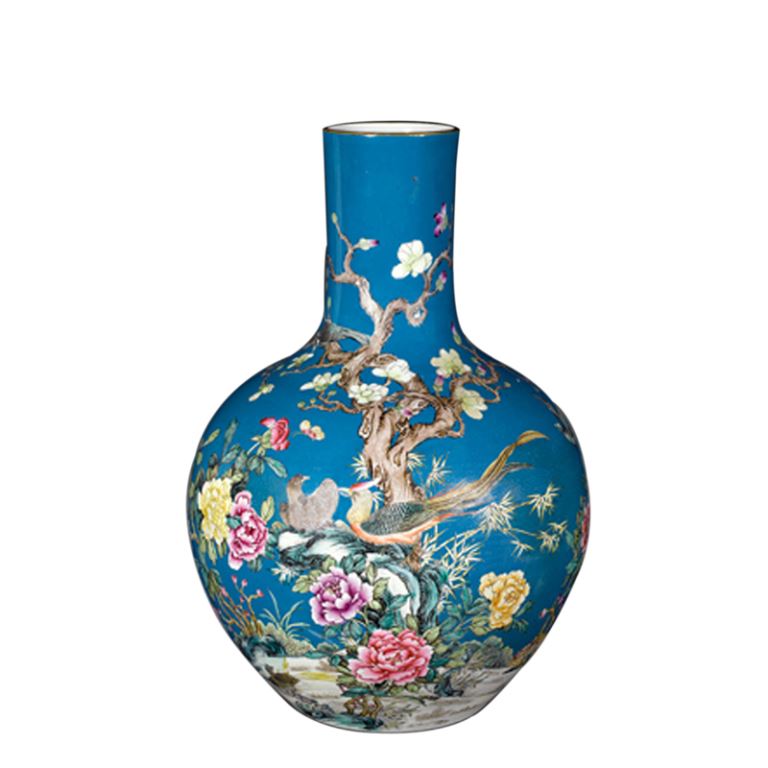 蓝地粉彩花鸟纹天球瓶--瓷器专场-光大国际•艺术品拍卖会-收藏网