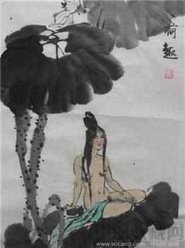 人物国画 荷花与美女 荷趣 陈彦国-收藏网