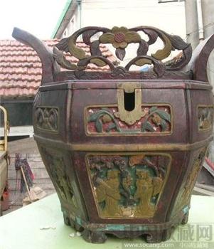 木雕“和合二仙“人物六角型茶桶-收藏网