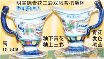 明宣德青花[三彩]双凤弯把扁爵杯[一对]六字官款-收藏网