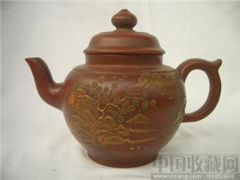 紫砂山水画纹老茶壶-收藏网