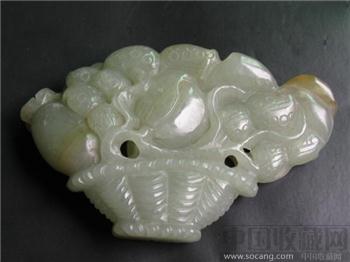 [清]和田青白玉,雕福寿年丰[玉花篮]摆件-收藏网