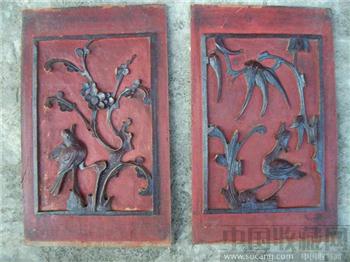 清：雕花木板 “鹤 喜 梅 兰” -收藏网