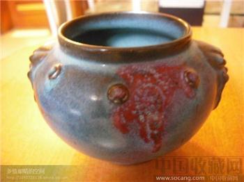 钧窑红斑双耳六乳钉小炉-收藏网