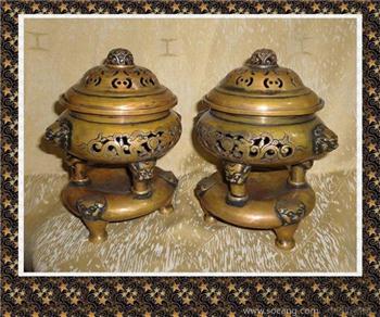 【德宝屋】宗教用品铜器摆件 铜香炉 黄铜香炉 三件套（对） -收藏网