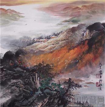中国美协会员、一级美术师---朱安生真迹---《山水斗方》（已裱）-收藏网
