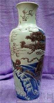 清康熙青花釉里红海水龙纹观音尊-收藏网