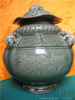 龙泉窑葫芦型五鼠荷叶盖罐-收藏网