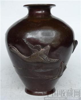 日本铜器工艺品铜质竹子大雁花瓶-收藏网