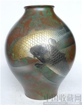 日本铜器工艺品峰雲铜质鲤鱼花瓶 -收藏网