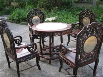 大红酸枝雕花椅圆桌五件套 -收藏网