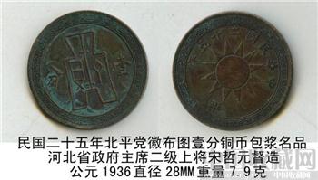 民国二十五年北平党徽布图壹分铜币包浆名品-收藏网