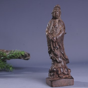 直销越南天然沉香木雕工艺品 持念珠观音佛像观世音摆件32cm-收藏网